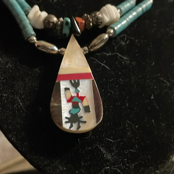 Native American turquoise kewa teardrop Apache dancer Heishi beaded necklace - Picture 1 of 8